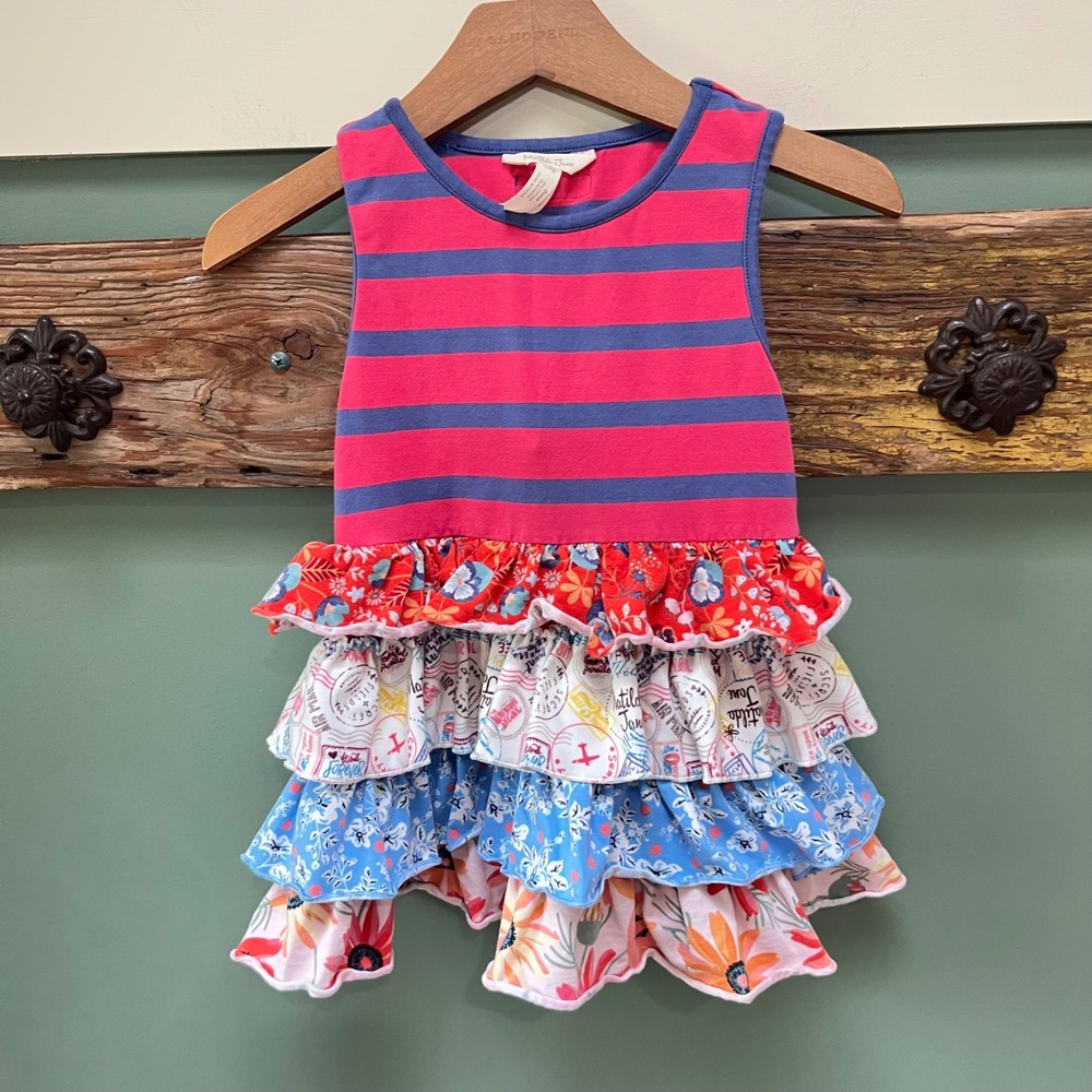 Matilda Jane Girls Pink Purple Striped Tiered Floral Ruffle Top Size 6